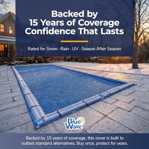 Blue Wave Arctic Armor 14x28-ft Rectangular In-Ground Pool Winter Cover | Solid polyethylene, black underside, heat-sealed seams, grommets, cable, winch, 5-ft overlap, 15-yr support, blocks debris