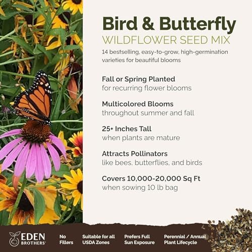 Eden Brothers The Bees Knees Pollinator Wildflower Seed Mix, 1/4 lb (135,000+ Seeds) Throw and Grow - 100% Pure, No Fillers - 18-Variety Non-GMO Annual + Perennial, Covers up to 1,100 SqFt, Zones 3-10