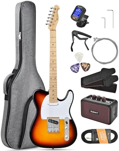 Leo Jaymz Beginner Electric Guitar Complete Kit with Portable Amp, Padded Gig Bag & Full Accessories, Maple Neck (TL-White)