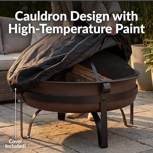Sunnydaze Round Patio Fire Pit for Outside Wood Burning, Dark Bronze, 29"