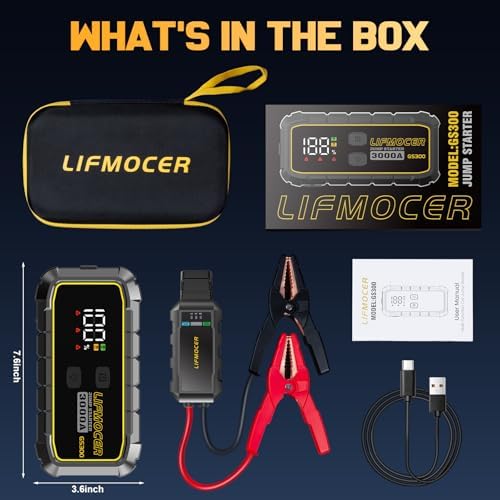 GS300 Car Jump Starter, 3000A Portable Battery Jumper Starter for Up to 10.0L Gas & 8.0L Diesel Engines, 59.2WH 12V Jump Box with Storage Case