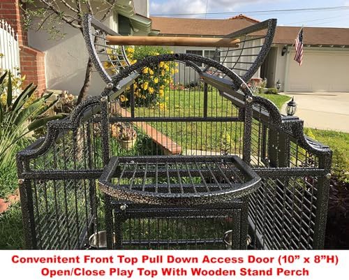 Large Elegance and Durable Wrought Iron Open Play Top Stand Bird Parrot Rolling Cage, Include Metal Seed Guard Solid Metal Feeder Nest Door (White Vein, 24.0" L x 22.0" W x 63.0" H)