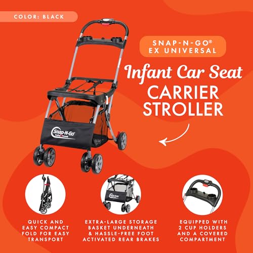 Baby Trend Snap N Go EX Polyester Lightweight Foldable Universal Single Infant Car Seat Carrier with 2 Cup Holder and Covered Compartment, Black