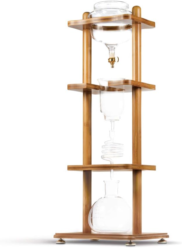 Yama Cold Brew Maker I Ice Coffee Machine With Slow Drip Technology I Makes 6-8 cups (32oz), Large Capacity Cold Brew Coffee Tower, Brown Wood Curved Frame