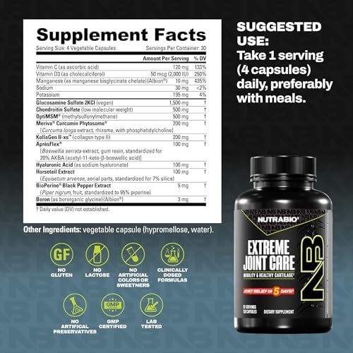 NutraBio Extreme Joint Care - Joint Support Supplement - Joint Health Supplement, Supports Joints, Mobility, and Cartilage - 120 Capsules