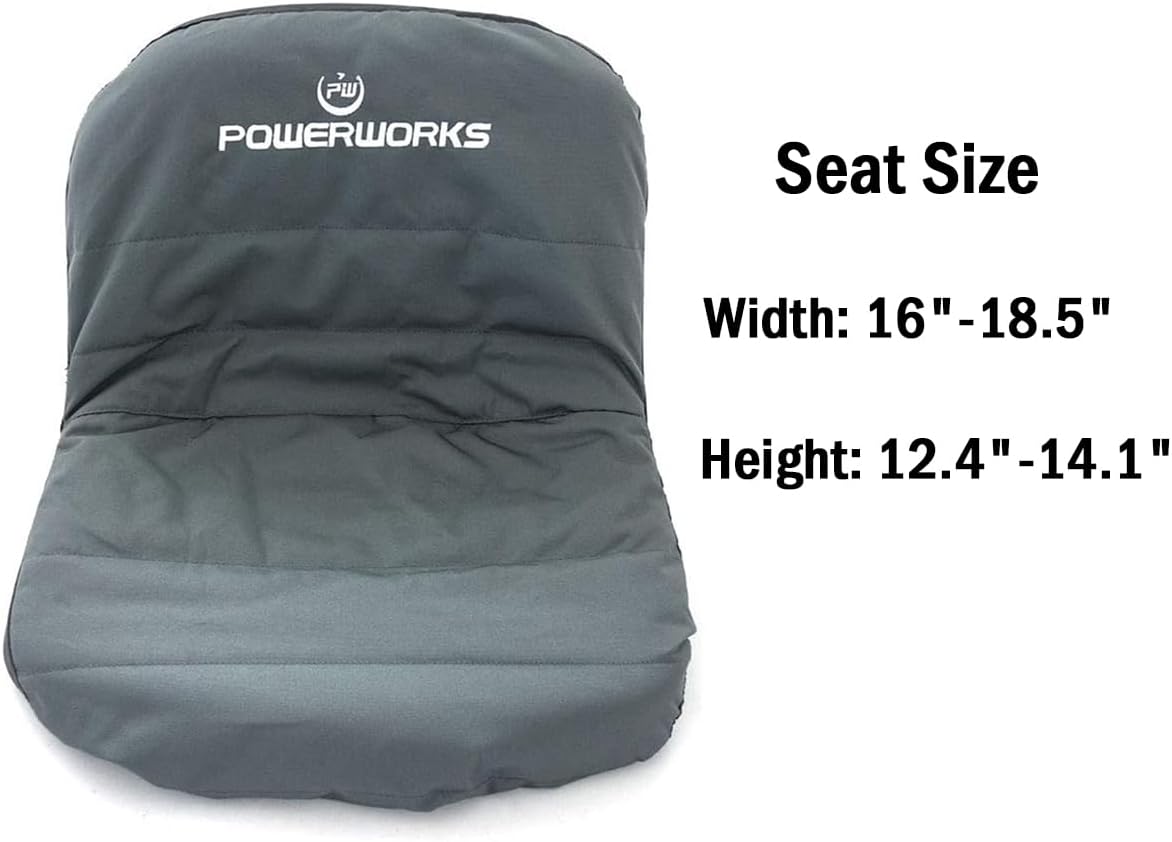 POWERWORKS Weatherproof Deluxe Riding Lawn Mower Seat Cover, Medium, Black | For Seats 12.4-14.1" High, 600D Oxford Cloth, Storage Pockets