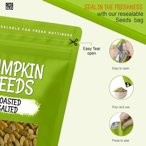 Oh! Nuts Roasted Pumpkin Seeds Salted Pepitas No Shell 2 Pound | Roasted salted pumpkin seeds no shell - Premium pepitas packed in NY - Resealable zip bag for freshness