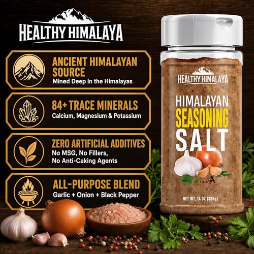 Himalayan Seasoning Salt with Pepper, Garlic, and Onion – Natural Himalayan Pink Salt for Grilling, Cooking, and Finishing – 14 oz Shaker