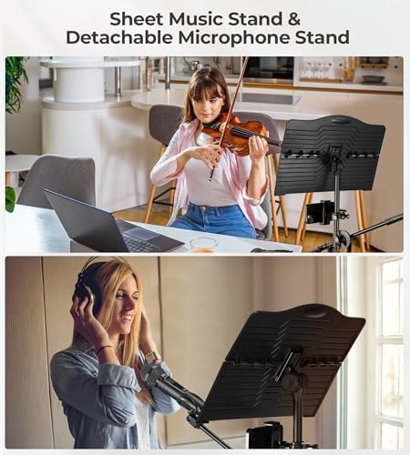 Music Stand, Vangoa Folding Sheet Music Stand with Detachable Microphone Stand & Phone Holder, Portable Lightweight with Music Sheet Clip Holder & Carrying Bag for Instrumental Performance