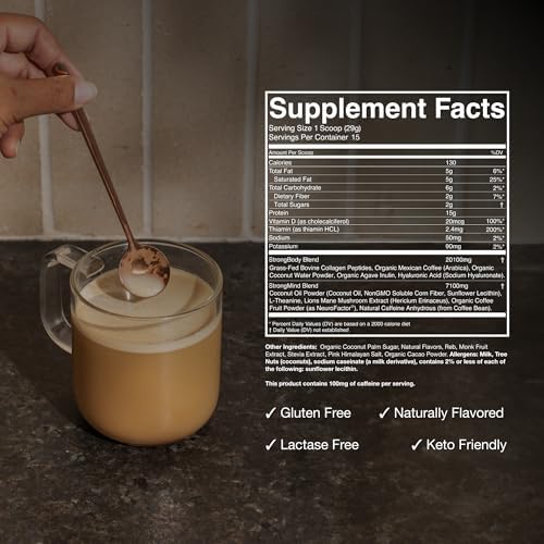 Strong Coffee Co. Hazelnut Instant Latte | 15 Servings | Organic Coffee with Collagen Protein | Lion’s Mane & L-Theanine | Adaptogens & Nootropics