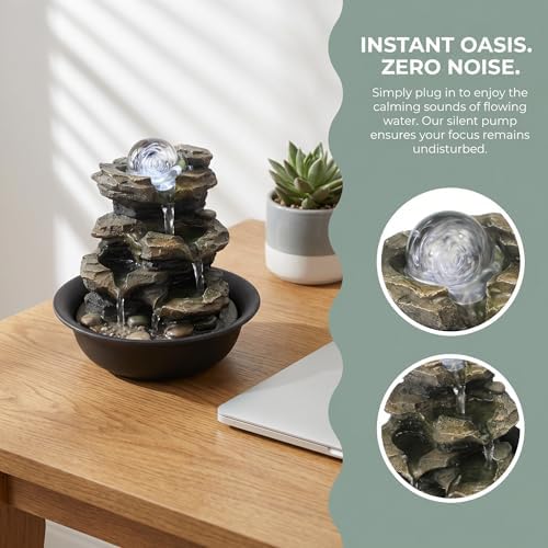 Rockery Indoor Water Fountain, Zen Meditation Tabletop Fountain with LED Lights & Crystal Ball for Home Office Bedroom 9 4/5"