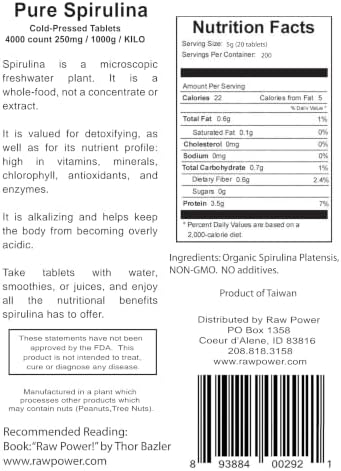 Raw Power Spirulina Cold-Pressed Tablets Bulk Kilo Bag 4000 Count 250mg Tablets 1000g Total Organics