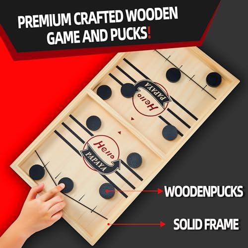 HELLO PAPAYA Fast Sling Puck Game - Test Your Speed and Accuracy with This Fast-Paced Wooden Air Hockey Desktop Battle Board Game - Guaranteed Fun