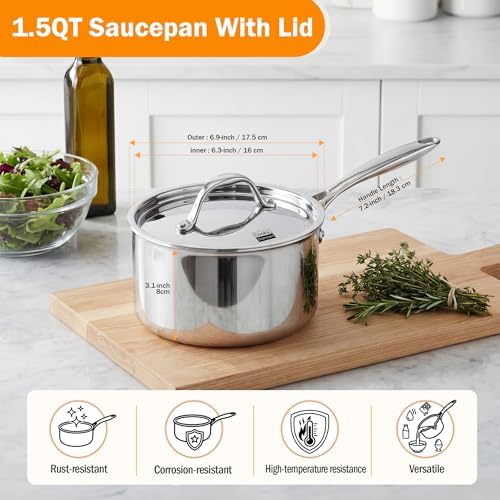 Cooks Standard Multi-Ply Clad 1.5 Quart Stainless Steel Saucepan with Lid, Small Kitchen Induction Cooking Sauce Pot Pan, Dishwasher & Oven Safe, Compatible with All Cooktops