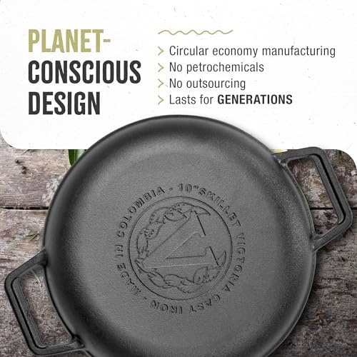 Victoria Cast Iron Round Skillet with Double Loop Handles, Made in Colombia, 10 Inches
