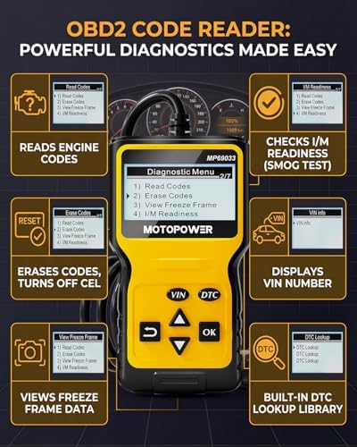 MOTOPOWER MP69033 Car OBD2 Scanner Code Reader Engine Fault Scanner CAN Diagnostic Scan Tool for All OBD II Protocol Cars Since 1996, Yellow