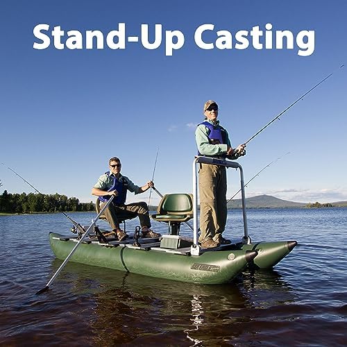 Sea Eagle 375fc FoldCat 1-2-Persons Inflatable Fishing Pontoon Boat, Lightweight & Portable, w/2 Green Swivel Seats, Pedestal, Oar Set, Scotty Rod Holders, Boat Bag, & Pump