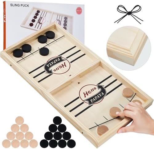HELLO PAPAYA Fast Sling Puck Game - Test Your Speed and Accuracy with This Fast-Paced Wooden Air Hockey Desktop Battle Board Game - Guaranteed Fun