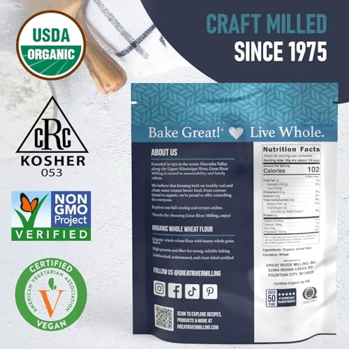 Great River Milling Organic Whole Wheat Flour, High Protein, 25 lb