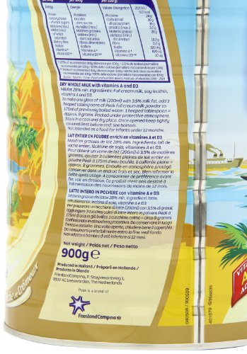 Peak Whole Milk Powder, 2 Pound (900g) Can - European Milk from Holland, rBST Free, Full Rich Flavor, Dissolves Instantly, Long Shelf Life