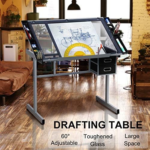 Yaheetech Glass Drafting Table with Storage, Adjustable Art Drawing Desk | Tempered glass top on a steel frame tilts 0-60° for drawing, tracing