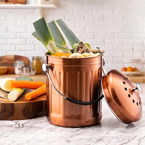 RED FACTOR Premium Compost Bin for Kitchen Countertop - Stainless Steel Food Waste Bucket with Innovative Dual Filter Technology - Includes Spare