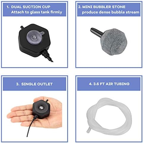 hygger Quiet Mini Small Aquarium Air Pump Betta Fish Tank Bubbler Oxygen Aeration Pump with Air Stone Tubing Suction Cup for 0.5-15 Gal Fish Bowl