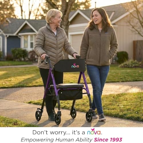 NOVA Star 6 Foldable Rollator Walker for Seniors, Wide Padded Backrest with Seat, 6” All-Terrain Wheels, Easy-Grip Locking Hand Brakes, Height Adjustable, Blue