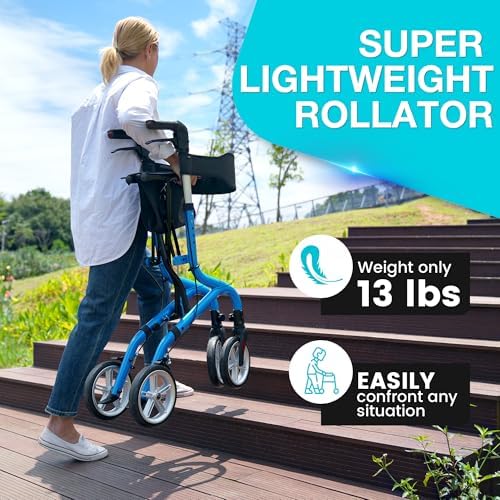 PLANET WALK Super Lightweight Rollator Walker for Seniors, Foldable Rolling Walker with Seat and 8" Rubber Wheels for All Terrain, Unique Design Aluminium Frame Sturdy Walkers for Traveling - Blue