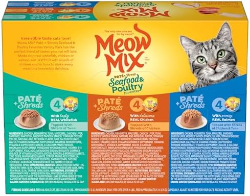 Meow Mix Paté & Shreds Wet Cat Food Variety Pack, Seafood & Poultry Favorites, 2.75 Ounce Cup (Pack of 12)