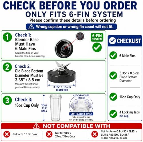 Replacement Blade Assembly Compatible with Nutri Ninja BL660 BL740 BL663 Series, 16oz Cup Only, 6-Male-Fin Base, 3.35" Bottom Diameter, Not for 7-Fin or Auto-iQ Systems