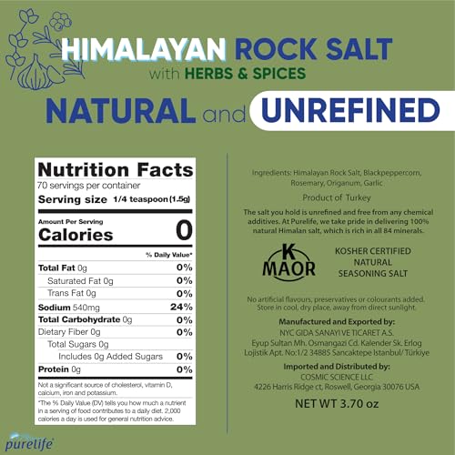 Purelife Himalayan Rock Salt with Mixed Herbs & Spices – Gourmet Kosher Natural Crystal Blend with Minerals in Glass Bottle with Ceramic Mill