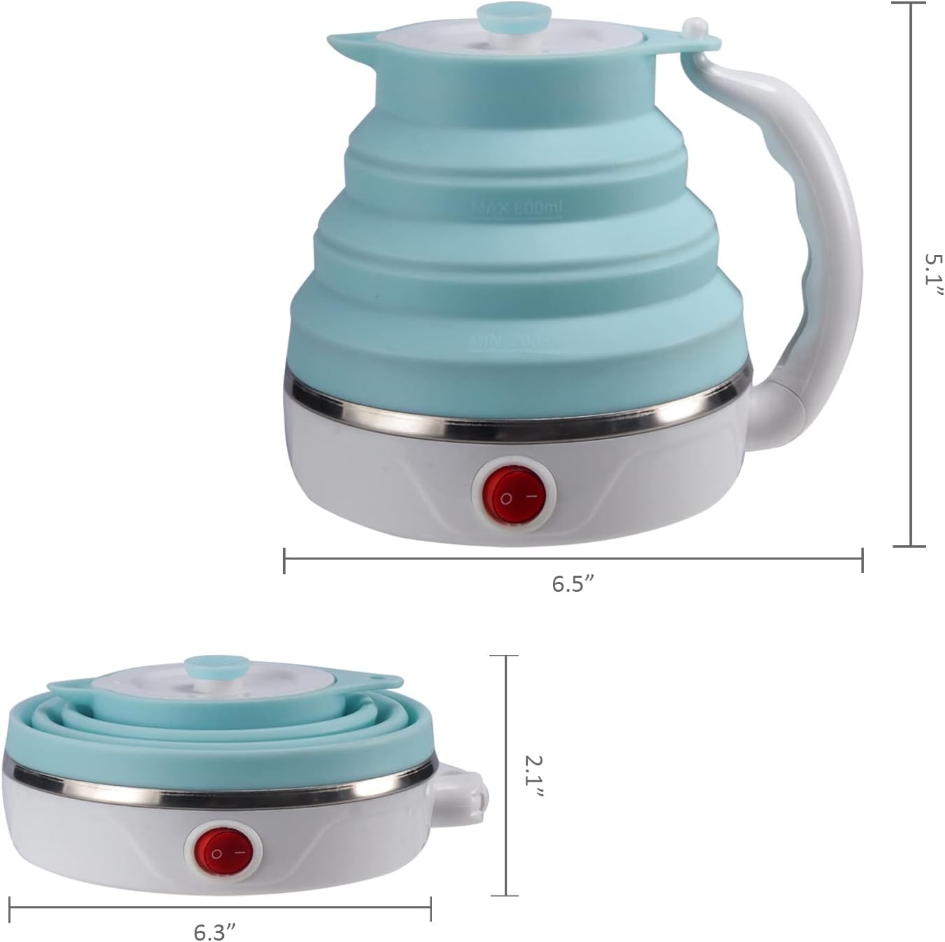 Travel Foldable Electric Kettle, Collapsible Electric Kettle Food Grade Silicone Small Pot Boiling water, Dual Voltage（600ml
