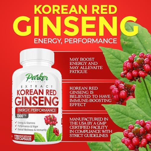 Korean Red Ginseng Extract, 1300mg Extract with Ginger Root and Black Pepper, 20% Ginsenosides Red Panax Ginseng Supplement, 120 Caps
