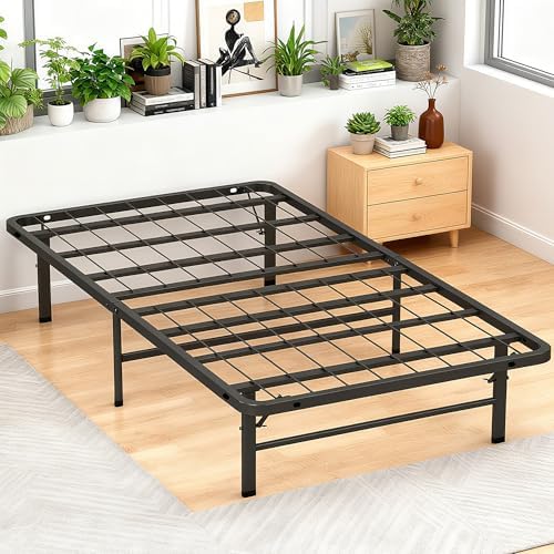 BestMassage | Twin Bed Frame | Metal | Heavy Duty Steel Slats with 6 Legs | Foldable | Sturdy, No Box Spring Needed | Easy to Assemble with Under-Bed Storage | Furniture for Home, Dorms