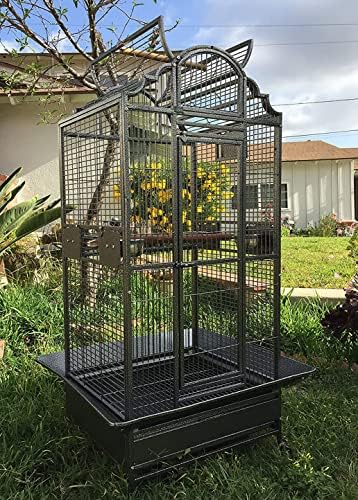 Large Elegance and Durable Wrought Iron Open Play Top Stand Bird Parrot Rolling Cage, Include Metal Seed Guard Solid Metal Feeder Nest Door (White Vein, 24.0" L x 22.0" W x 63.0" H)