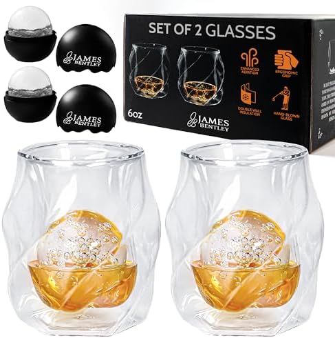 JAMES BENTLEY JB Whiskey Glasses, Set of 2 + 2 Slow-Melting Ice Ball Molds | Hand-blown insulated 6oz double-wall borosilicate glass, bourbon