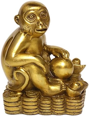 Brass Zodiac Monkey Statue, Chinese Feng Shui Decor for Wealth Luck | Golden Money Monkey Figurine, Home Desk Office Decor, Career & Wealth Decor