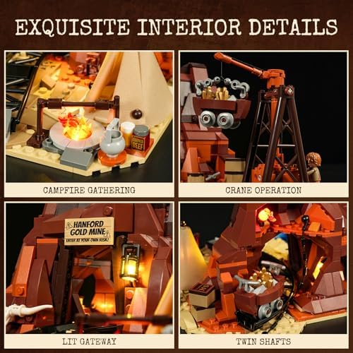 Lumibricks Wild West Gold Mine Lighting Building-Bricks Set - Western Prospector’s Dig Entrance 658 Pcs Mining Playset for Adults and West Lovers