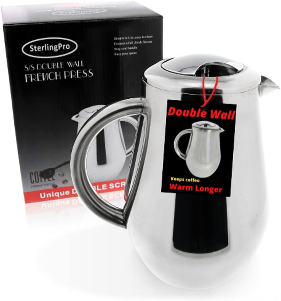 SterlingPro Large Insulated Stainless Steel French Press Coffee Maker 51oz Capacity (44 oz Brew Yield) – Double Wall Metal Coffee Press | Plastic Free | Cool-Touch | Mirror Finish | 12 Cups / 6 Mugs