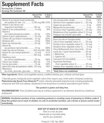 BIOTICS RESEARCH Bio-Multi Plus - Robust Foundational Multivitamin/Mineral Formula, Contains Plant-Based Trace Minerals 270 Tablets
