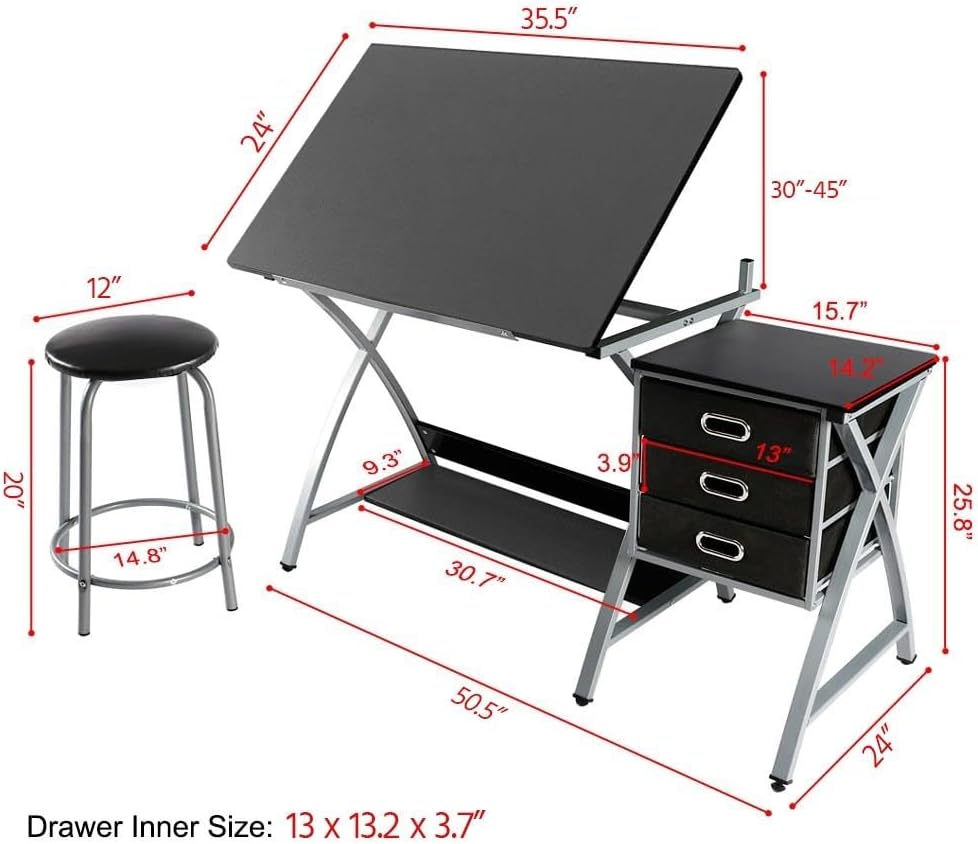 Yaheetech Drafting Table with Storage & Stool