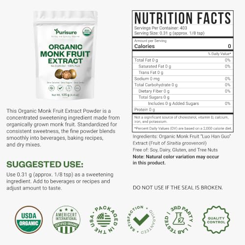 Organic Monk Fruit Extract Powder, 125g (4.4oz), No Fillers Pure USDA Organic Monk Fruit Extract Sweetener with No Aftertaste, Non-GMO, Zero Calorie & Zero Carbs, Keto & Paleo Friendly 403 Servings