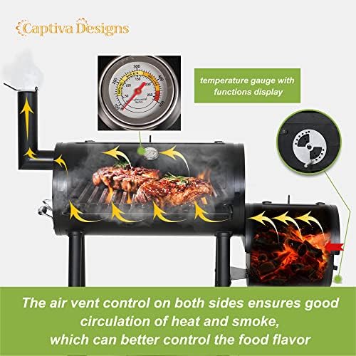 Captiva Designs Vertical Charcoal Smoker Grill Extra Large Barbecue Grill | 961 SQ.IN Outdoor Barrel BBQ Meat Smoker with 5 Removable Smoking Grates & Built-in Hooks for Outdoor Backyard Cooking