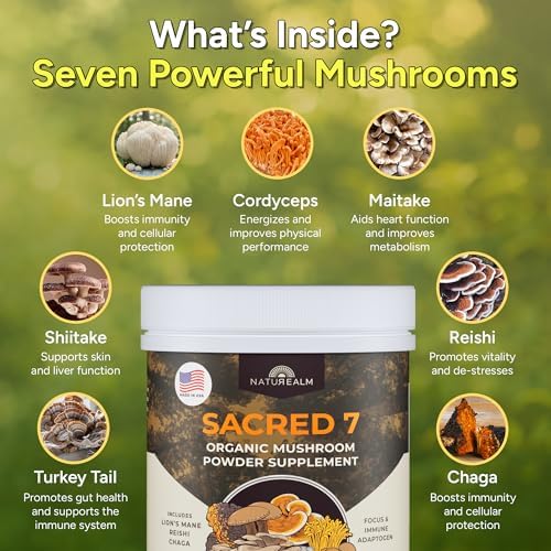 Sacred 7 Brain Mushroom Powder, Organic 7-in-1 Blend 226 Servings | Seven fruiting body extracts, lions mane cordyceps reishi, stirs into coffee or smoothies, 1000 mg scoop