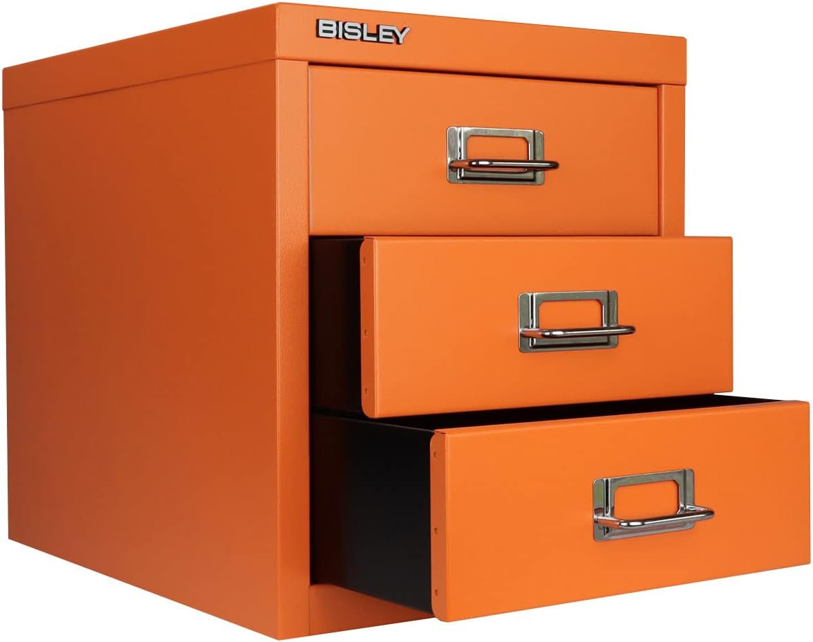 5-Drawer Steel MultiDrawer Cabinet - Orange, by Bisley | Chrome Pull Handles with Label Holders, Powder-Coated Steel, Removable Drawers, Desktop Storage, Labels Included