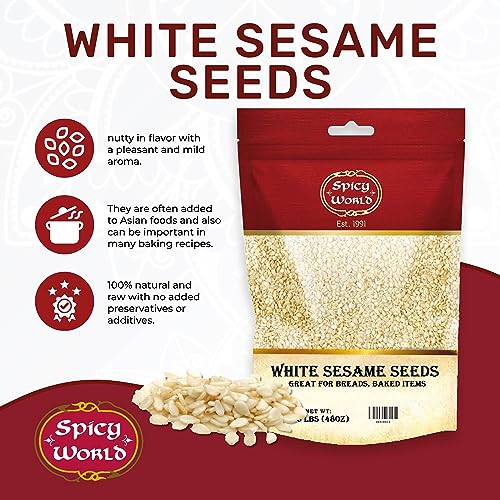 Spicy World White Sesame Seeds 3 LB Bag - Natural, Raw, Hulled, Non-GMO, Bulk Resealable Bag