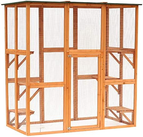 PawHut Outdoor Cat House Big Catio w/Large Spacious Interior 71" L Orange | Wooden Feral Cat Shelter Enclosure, 6 High Ledges