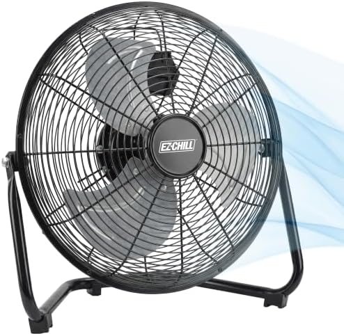 EZ-CHILL 12” Cradle Floor Fan, 3 Speed, High Velocity, 180 Degree Adjustable Tilt, All-Metal, Carry Handle, Rubber Feet, Airflow 15.42 ft/sec, Ideal for Home, Bedroom & Office, Black