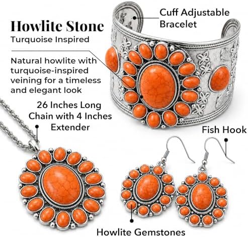 Shop LC Howlite Western Jewelry Set for Women Boho Cowgirl | 3-Piece Necklace Bracelet Earrings, Turquoise-Inspired, Chunky Statement, Southwestern